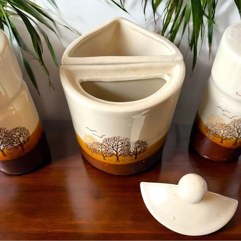 VINTAGE Brown Ceramic Salt, Pepper, Sugar, and Creamer Set with Tree Design - Picture 2 of 7